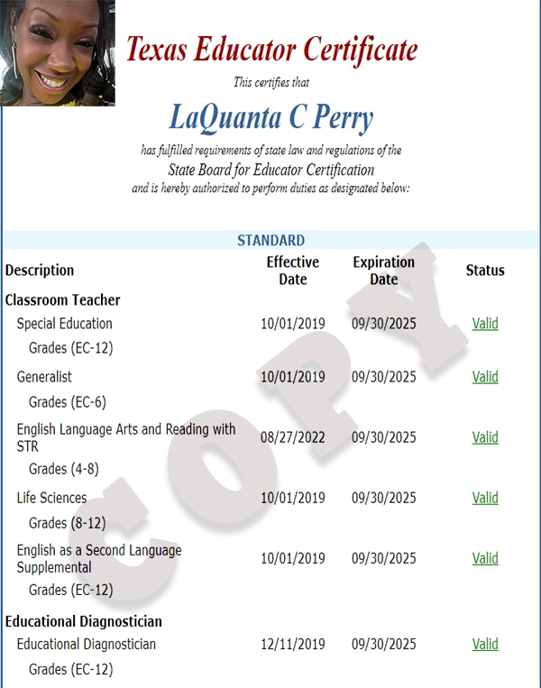 image of LaQuanta C Perry photo and copy of TExES certifications